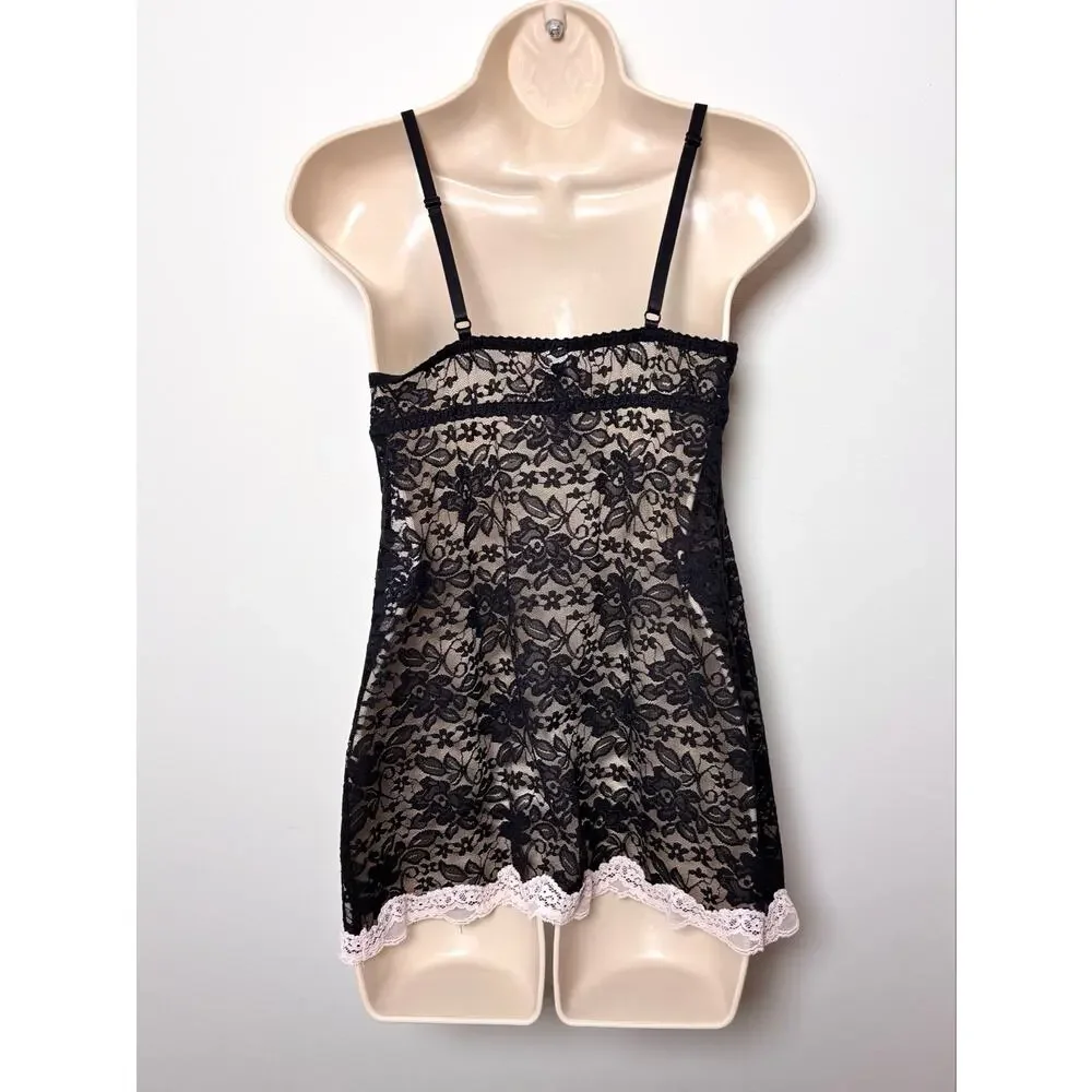 Gilligan & O’Malley Black Lace Bustier Cami Top Pale Pink Trim Sheer Lingerie - Picture 5 of 6
